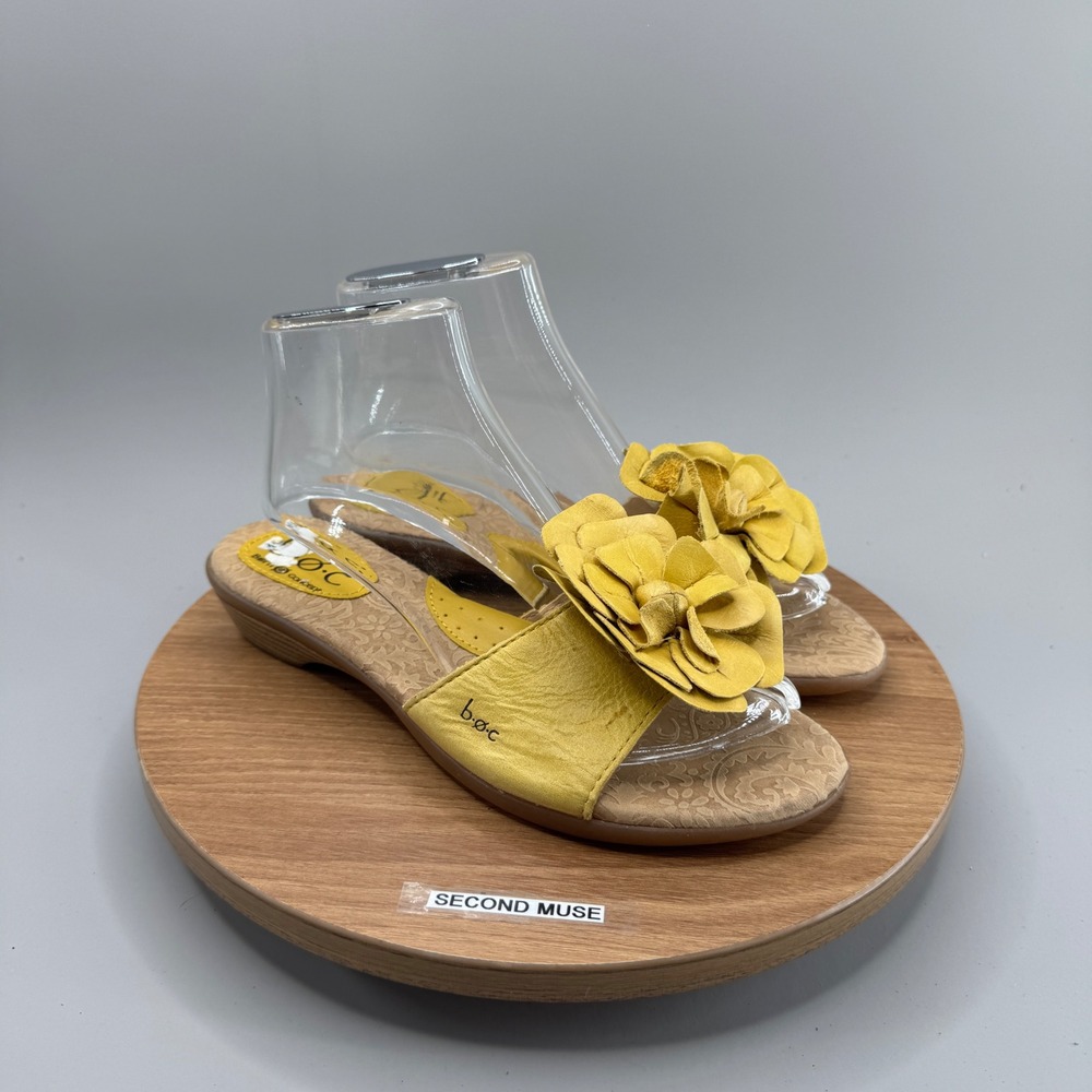 b.o.c. Born Concept Sandals 9 Yellow Leather Flower Slide Wedge Cottagecore Boho